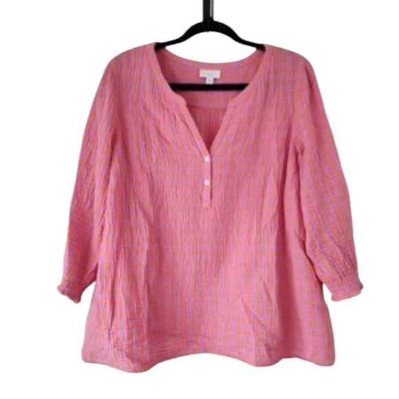 J. Jill Cotton Gauze Checkered Partial Button-Down Tunic Pink and Orange Size LP - Picture 3 of 6